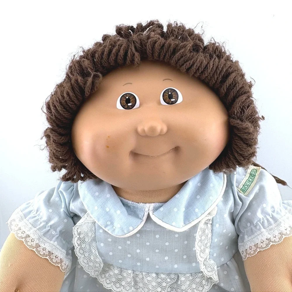 Vintage 1982 Cabbage Patch Kids Doll Coleco Brown Yarn Hair Blue Polka Dot Dress